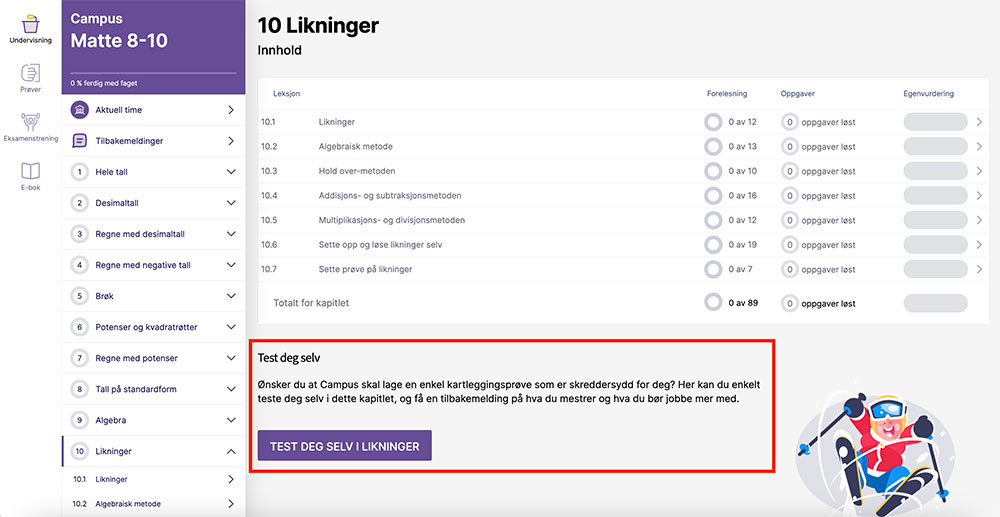 Skjermbilde fra elevvisning i Campus Matte. «Test deg selv» er markert med en rød ramme.