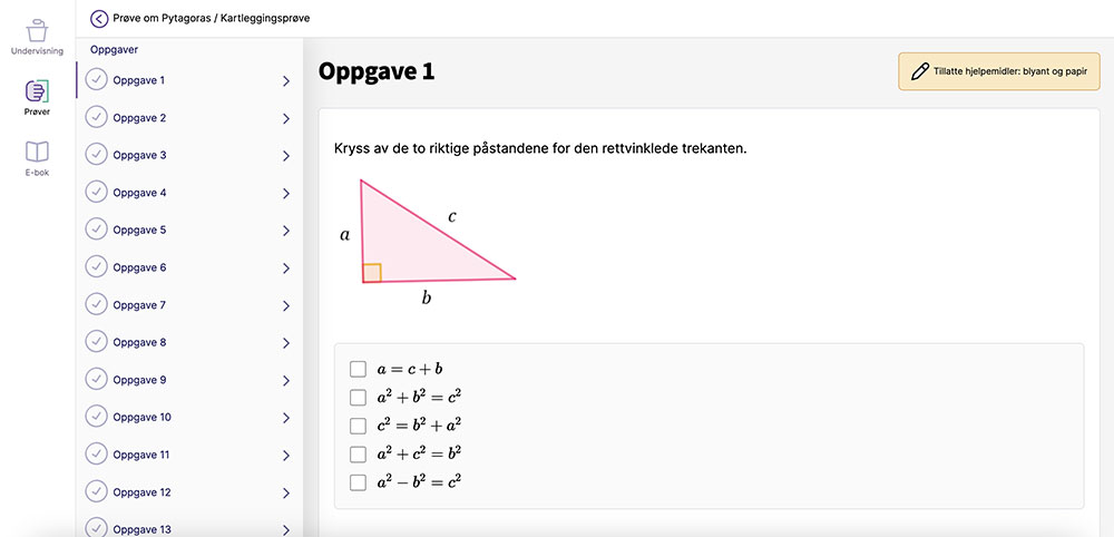 Skjermbilde fra en prøve i Campus Matte. En oppgave om rettvinklede trekanter vises.
